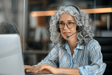 Wall Mural - Happy mature female customer service agent with gray curly hair on video call at modern office desk