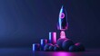 © Penatic Studio - 3D illustration of a rocket launching into space with glowing purple and blue neon lights against a dark blue background