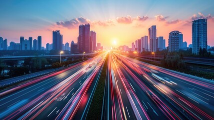 Wall Mural - A city street with cars and a sunset in the background. The city is lit up with lights and the sun is setting, creating a warm and inviting atmosphere