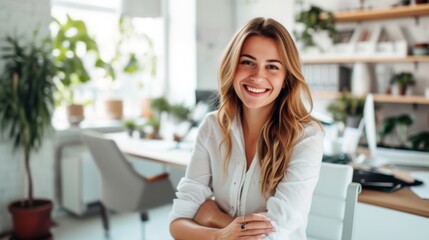 Wall Mural - Cheerful executive confidently posing at their desk in a bright office, hands on the keyboard