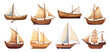 © MicroOne - Wooden ships set. Wood boats with sails. Old style wooden boat with oar. ancient sailboat sea galleon. Vector flat cartoon style clipart
