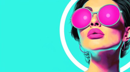 Wall Mural - a woman with pink sunglasses is the main focus of the image. the background is a bright blue color, 