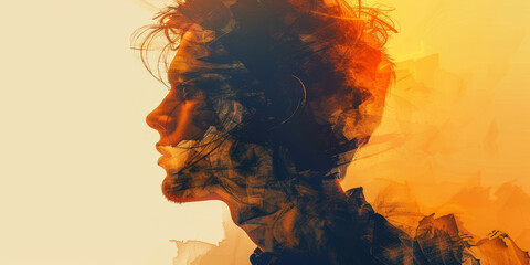 Wall Mural - Abstract Silhouette Profile of Man in Orange and Black. Digital Portrait of Male