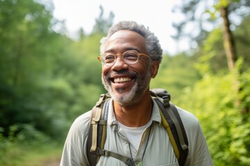 Poster - Portrait of a smiling afro-american man in his 70s sporting a breathable hiking shirt isolated in minimalist or empty room background