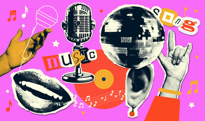 Retro groovy music collage elements set with sketch of microphone in halftone paper hand, singing lips, retro mike and hand with rock gesture. Vintage vector stickers collection.