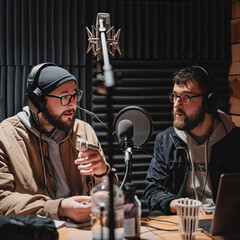 two friends recording a podcast in a studio