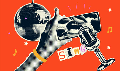 Groovy Party Collage poster art composition. Hand holding phone screen with singing female mouth and retro disco ball, vintage microphone. Vector halftone banner template.