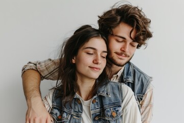 Wall Mural - Portrait of a tender couple in their 20s wearing a rugged jean vest over white background