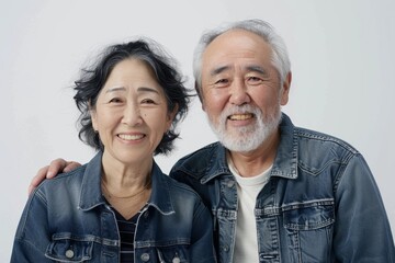 Wall Mural - Portrait of a smiling asian couple in their 70s sporting a rugged denim jacket in front of white background