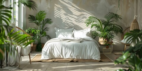 Wall Mural - Designing an Urban Jungle Bedroom with White Walls, Houseplants, and Wooden Tones. Concept Bedroom Decor, Urban Jungle, White Walls, Houseplants, Wooden Tones