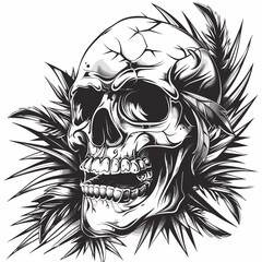 Wall Mural - A skull with a leafy plant on top of it. The skull is black and white. The leafy plant is green and has a feathery appearance. Scene is dark and eerie