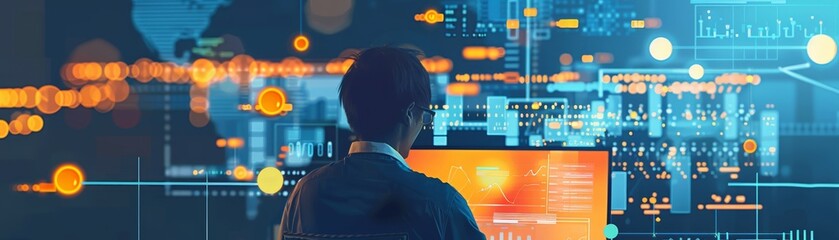 Man working on computer with digital interface data visualization in modern technology and information analysis background.