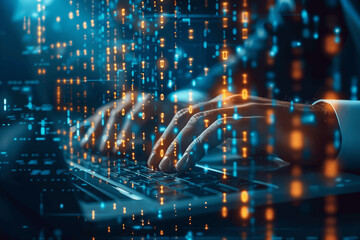 Businessman Using Laptop Analyzing Data with Cyber Security Insights and AI Algorithms, Hands Typing on Tablet for Web Design and Development