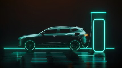 Wall Mural - An electric car charging at station on dark background illustrating EV concept