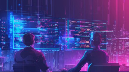 Two programmers working on complex code, surrounded by futuristic digital interfaces, in a neon-lit technological office.