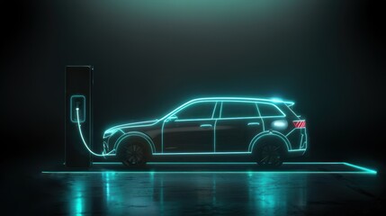 Wall Mural - An electric car charging at station on dark background illustrating EV concept