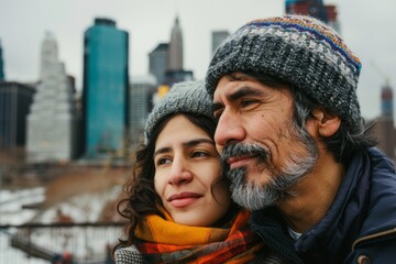 Wall Mural - Portrait of a tender latino couple in their 40s donning a warm wool beanie in front of vibrant city skyline