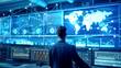 © OMD - Businessman analyzing global network data on screens in a high-tech monitoring room