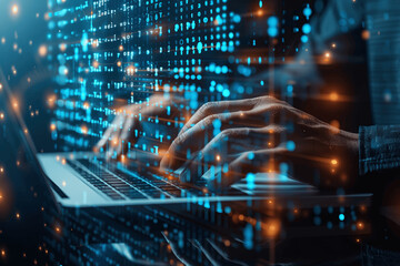 Businessman Using Laptop for Data Analysis on Virtual Screen with Binary Code Cyber Security and Web Design Development Close-Up of Hands Typing High Quality Photo