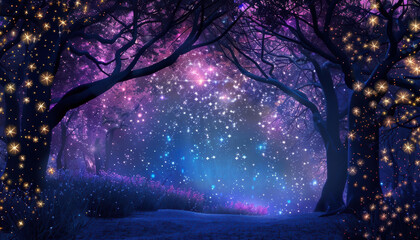 a magical forest path illuminated with glowing stars and surrounded by a purple sky, creating a whim
