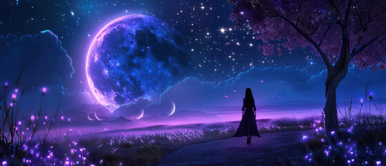 Wall Mural - A woman walking in a magical field illuminated by a large glowing moon and twinkling stars, creating a dreamy and enchanting night scene.