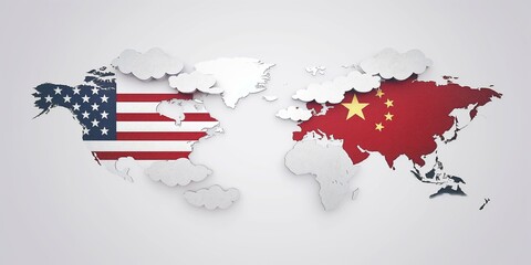Wall Mural - a world map with the united states flag overlaying north america and the chinese flag overlaying chi