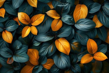 Wall Mural - A close up of green and yellow leaves with a blue background