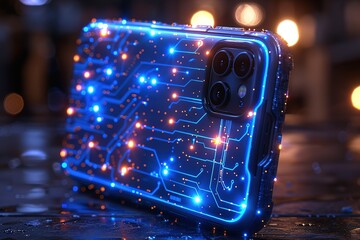 Wall Mural - A phone with a blue case that has a circuit board design on it