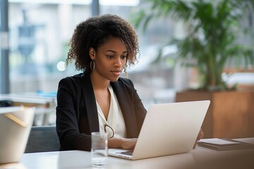 A woman wearing a black suit and white shirt is working on a laptop computer. She has a glass of water on the table in front of her