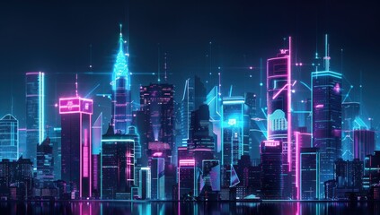 Wall Mural - Cyberpunk Cityscape with Neon Lights and Digital Network