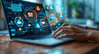 © btiger - Business Woman Typing with Digital Icons Floating Social Media Communication Technology for Remote Work