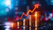 © apichat - Rising gold coin stacks with a growing red arrow graph, representing financial growth and investment success in a stock market background.