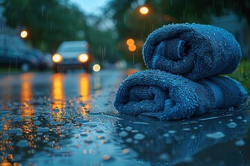 Wall Mural - Two blue towels are on the ground in the rain