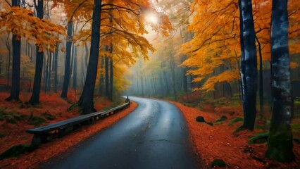 Poster - Autumn road through misty forest