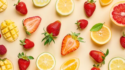 Poster - a variety of fruits arranged on a table top with a yellow background