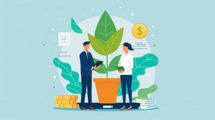 Wall Mural - Venture capital funding, entrepreneurs receiving investment, flat design illustration