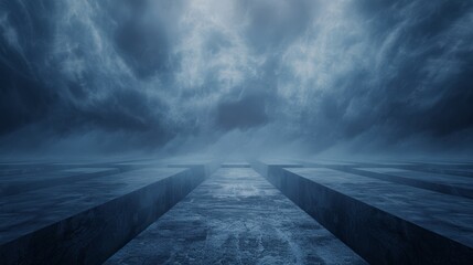 Mysterious blue-toned landscape with geometric pathways leading into fog and stormy clouds, depicting an eerie, surreal environment.