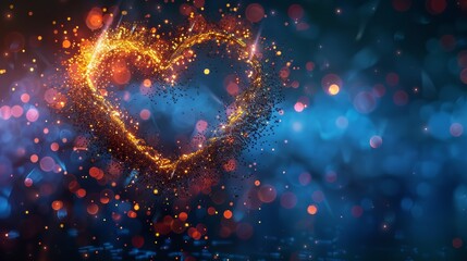 Poster - Vibrant heart formed by shimmering particles with glow effect, copy space