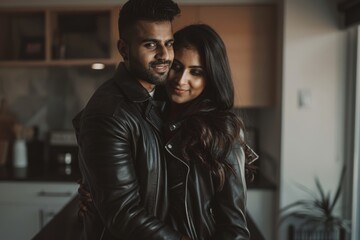Wall Mural - Portrait of a blissful indian couple in their 20s sporting a classic leather jacket while standing against modern minimalist interior
