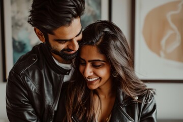 Wall Mural - Portrait of a blissful indian couple in their 20s sporting a classic leather jacket on modern minimalist interior
