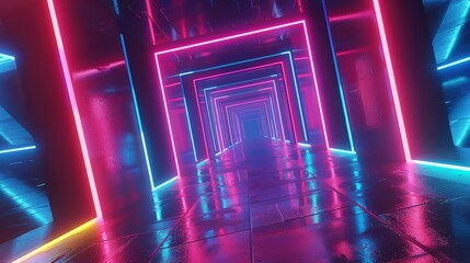 Poster - Rotating square frames in a neon tunnel, looped 3D animation, colorful abstract background
