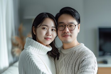 Wall Mural - Portrait of a glad asian couple in their 20s dressed in a warm wool sweater in front of modern minimalist interior