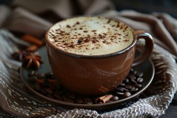 Wall Mural - Aromatic coffee drink with cinnamon, coffee beans and star anise on a table