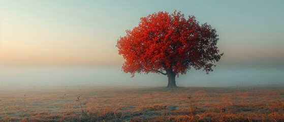 Wall Mural - the crimson tree stands alone in the field of wheat, its branches reaching out to the sky like a bea