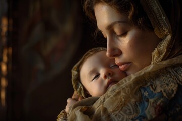 Wall Mural - A tender moment of motherhood captured, Saint Mary cradles a sleeping baby Jesus in a manger, illuminated by soft, warm light