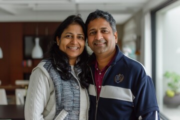 Wall Mural - Portrait of a smiling indian couple in their 40s sporting a stylish varsity jacket isolated on modern minimalist interior