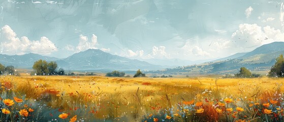 Wall Mural - beautiful summer landscape of green meadow with yellow flowers in countryside under bright blue sky and sun shining down on rural hill with artistic watercolor painting illustration