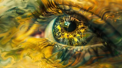 Leinwandbilder - A digitally altered image showcasing a closeup of an eye with swirling yellow and green colors in an abstract art style : Generative AI