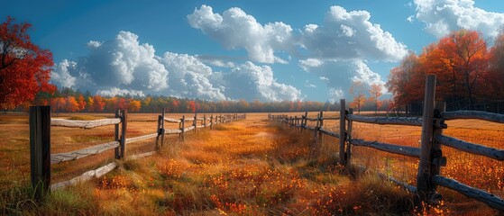 Wall Mural - rural summer landscape with green grass and blue sky featuring old wooden fence in countryside meadow near farm with scenic tree lined path and sunlit fields stretching to the horizon