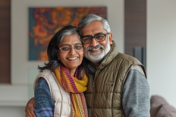 Wall Mural - Portrait of a merry indian couple in their 50s dressed in a water-resistant gilet while standing against modern minimalist interior